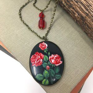 Vintage Limoges Oval Red Rose Bouquet Double Strand Bead Pendant Necklace